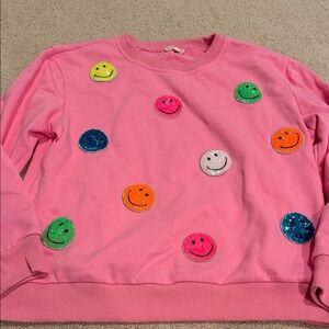 MainStrip Happy Smiles Crewneck Sweatshirt Sz small, Pullover Pink Sequin Smiles